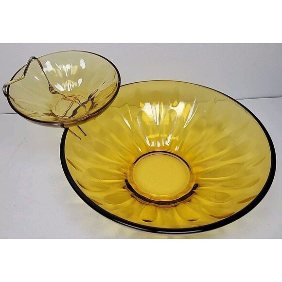 MCM Hazelware Brockway Gold Glass LYRIC Pattern Chip 'N Dip 3 Piece Set with Box - Picture 3 of 6